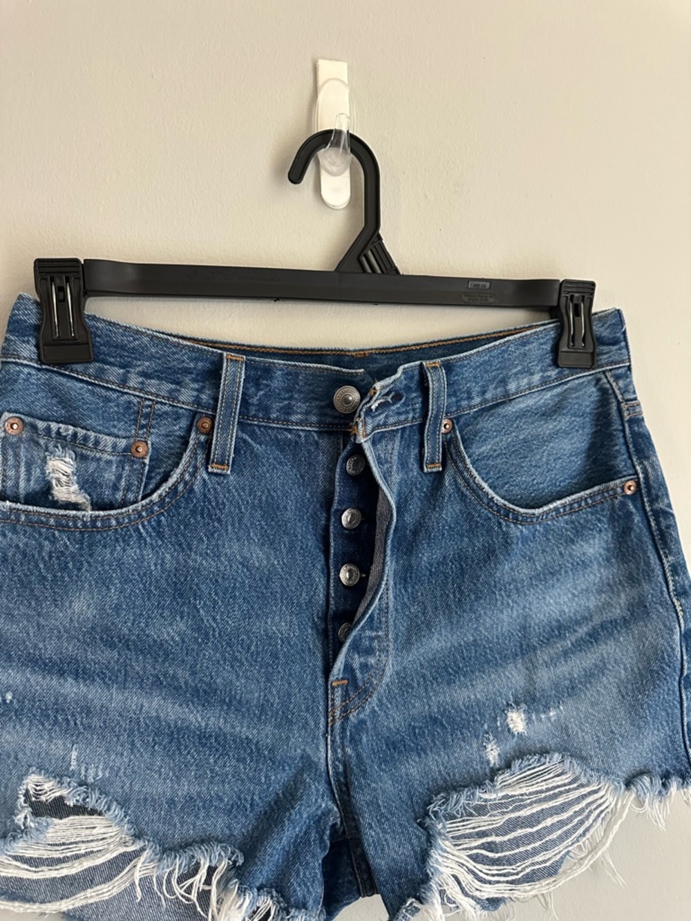 Levi's Light Blue Distressed High-Rise Jean Shorts - Picture 6 of 13
